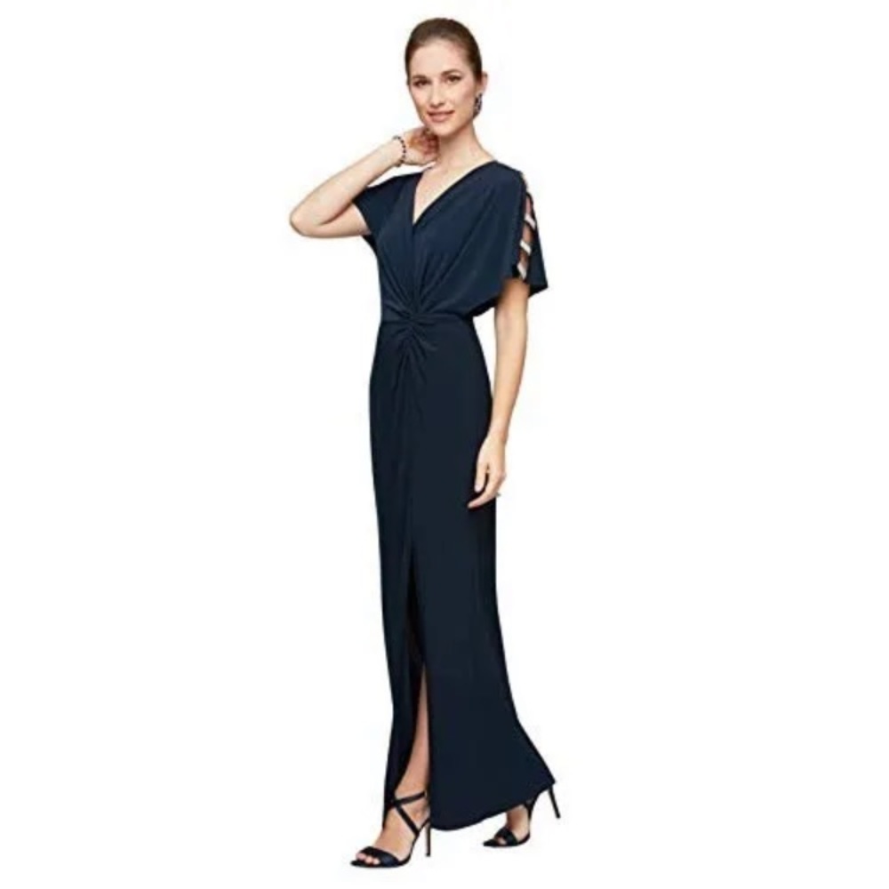 Alex Evenings Women's Long Knot Front Dress w/ Embellished Short Sleeve Blue 10